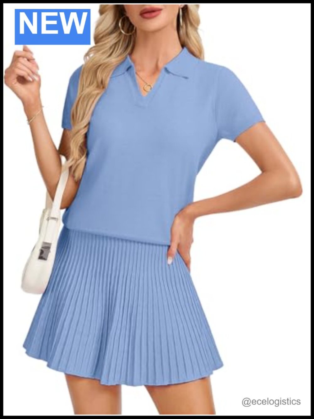2 Piece Skirt Set Sweater Set V Neck Short Sleeve Knit Top Pleated Mini Skirt